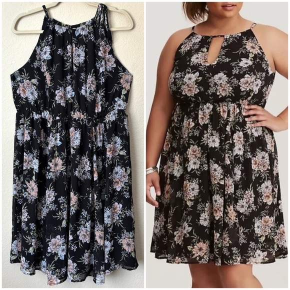 torrid Dresses & Skirts - Torrid 1X Floral Black Print Chiffon Flirty Romantic Halter Tank Dress